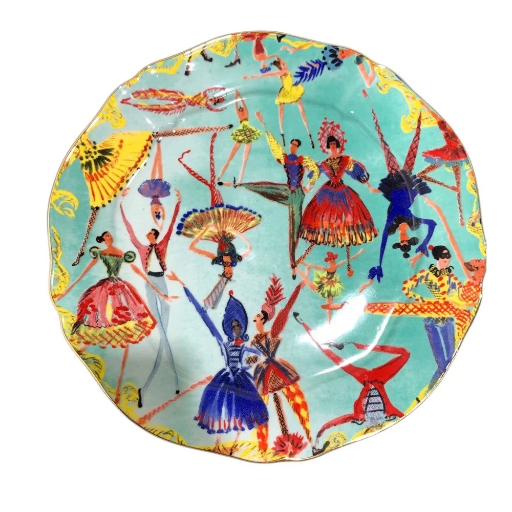 Anthropologie Pauline de Roussy de Sales Circus Dessert Plate Turquoise Gold Rim